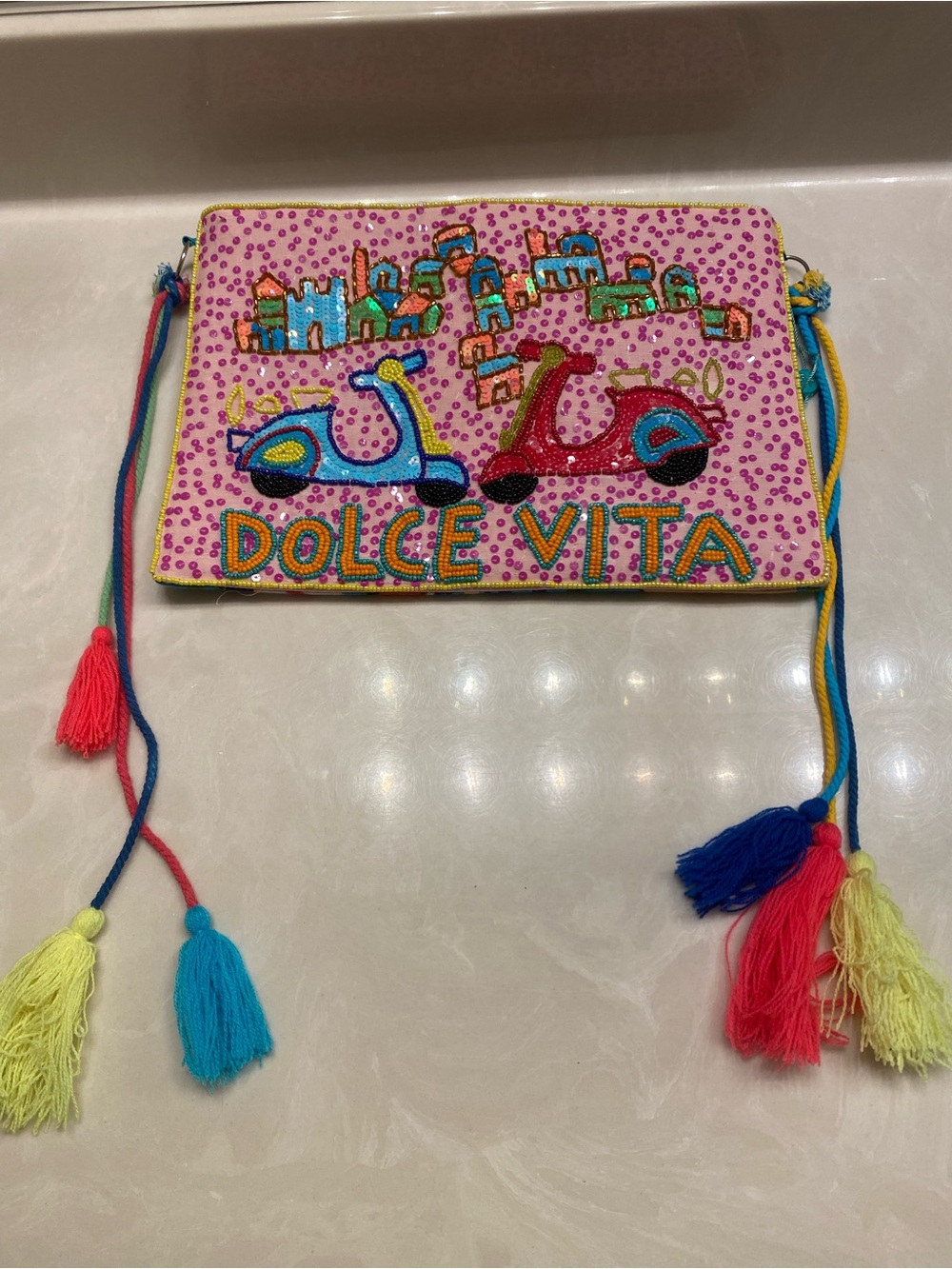 Dolce Vita Kids Pink Beaded Scooter Crossbody with Multicolor Tassels